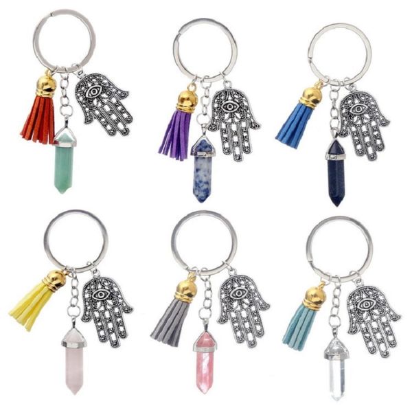 

hamsa hand fatima key rings keychain tassel hexagonal prism chakra natural stone evil eye crystal pendant charm keyrings chain jew8067993, Slivery;golden