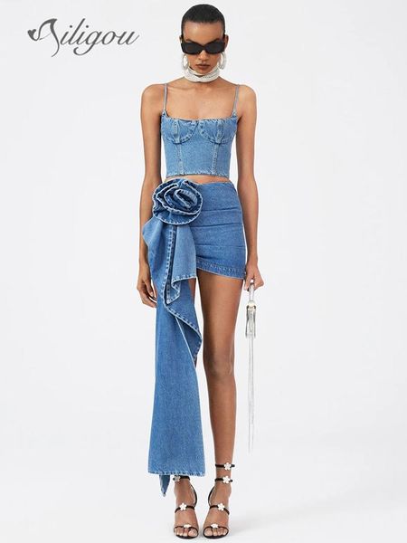 

pants ailigou 2023 new summer women's denim strap short skirt 2 piece strap flower denim skirt women's party set, White