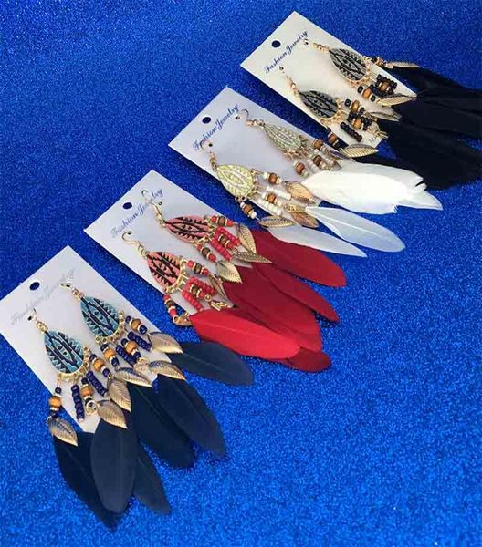 

fashion hollow feather earrings retro bohemian dangle chandelier folk custom long tassel leaves bead earring6743995, Silver