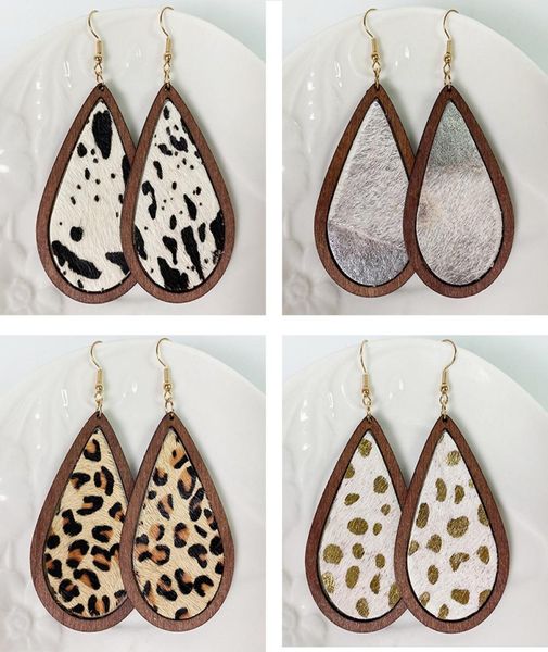 

leopard wooden waterdrop earrings whole genuine cowhide hair leather cow leopard gold point drop ear pendant bohemia fashion 3521352, Silver