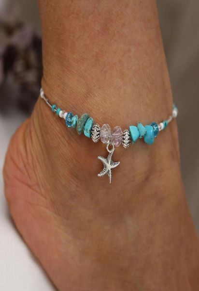 

women retro style anklets conch starfish pendant peal turquoise silver plated beaded foot chain yoga beach bracelets whole5404447, Red;blue
