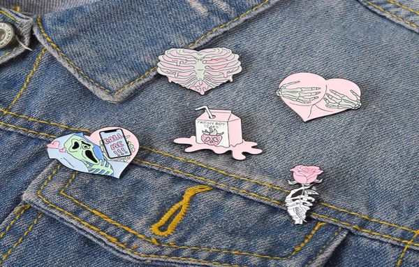 

pink skeleton enamel pin rose lapel flower brooch milk custom punk skull badges goth jewelry party gift for friends whole5911602, Gray