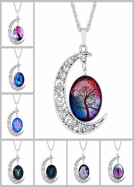 

84 design cabochons glass moon necklaces for women men tree of life zodiac sign flower wolf nebula space galaxy pendant chains jew7604735, Silver