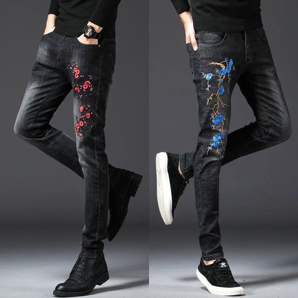 

men's jeans mens embroidery slimfit stretch denim pants whitewashed scratched street casual jeans; 230707, Blue