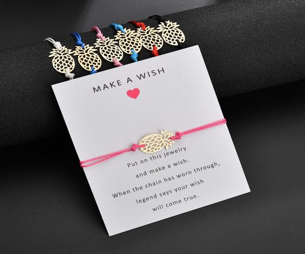 

make a wish pineapple shaped charm bracelet with gift card for women gold fruit white black red pink string rope wrap banglejewelr5027306, Golden;silver