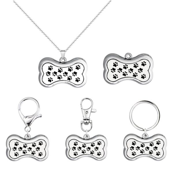 

1pc dog bone shape necklace pendant lobster clasp keychain essential oil aromatherapy diffuser locket keyrings with 10pcs pads9610108, Silver