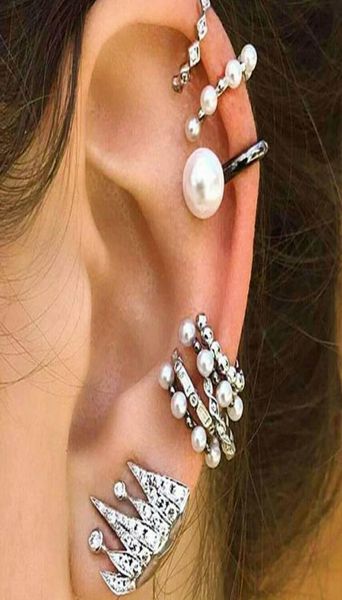 

9pcsset bohemian chic clipon earrings for women luxury fashion crystal pearl rings crown screw back ear studs jewelry accessorie6290064, Silver