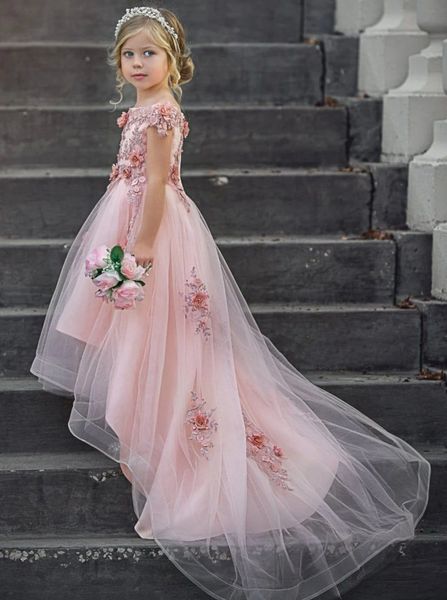 

blush pink high low flower girls dresses court train crew neck a line long wedding party dress floral lace appliques toddler kids formal wea, White;blue