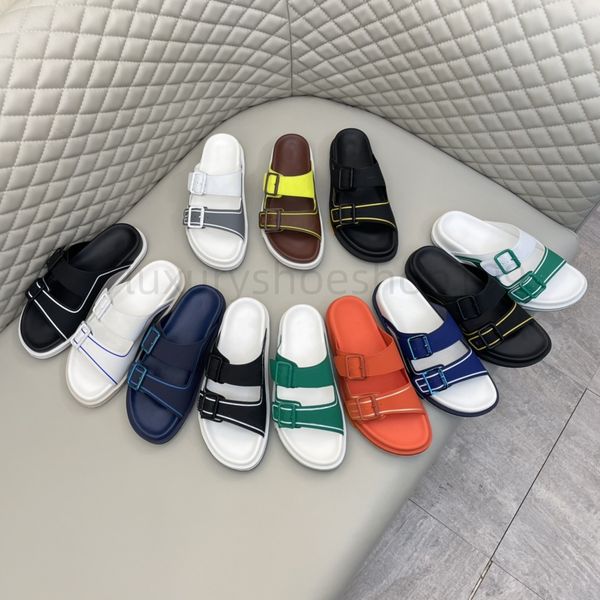 

designer slippers trainer mules sandal men buckle embossing slipper old flower summer leather rubber shoe slides, Black