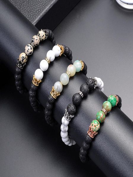 

natural white turquoise lava volcanic stone couple bracelet copper crown microinlay zircon beaded bracelet jewelry accessories wh6288555, Black