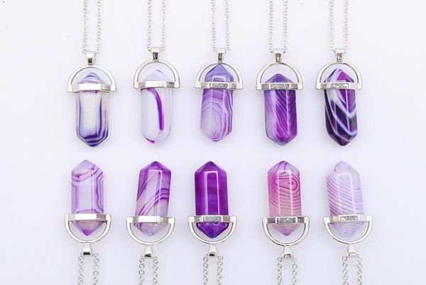 

red blue purple stripe agate necklaces chakra reiki healing hexagon prism crystal pendant pendulum necklace7018784, Silver