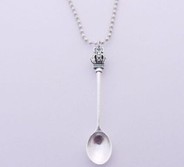 

fashion 10pcslot tibetan silver vintage style alice wonderland crown inspired mini tea spoon snuff ball chain necklace diy3913497