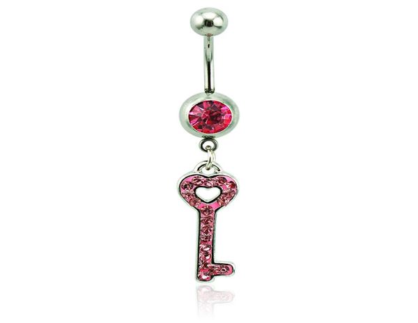 

body piercing fashion belly button rings 316l stainless steel barbells pink rhinestone keys navel piercing jewelry4708105, Silver