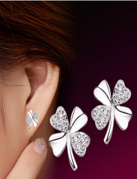 

lucky four clover leaf stud earrings austrian crystal jewelry 30 925sterlingsilver new wedding stud earrings for women korean j8990876, Golden;silver
