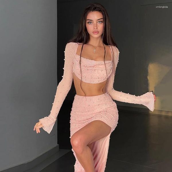 

casual dresses pearl dress sets women square collar full sleeve split skirt matching female club party two piece set outfits, Black;gray