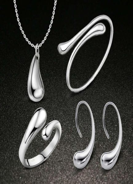 

925 sterling silver plated water drop necklace earrings bangles rings fashion jewelry set wedding gift 7207134, Black
