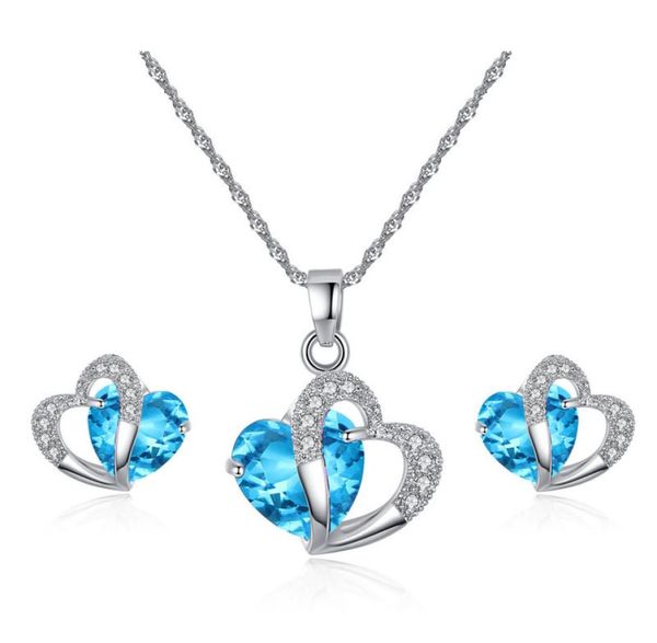 

luxury austrian crystal jewelry set cubic zirconia cz double heart shape pendant necklace stud earrings sets for women fashion jew8564956, Silver