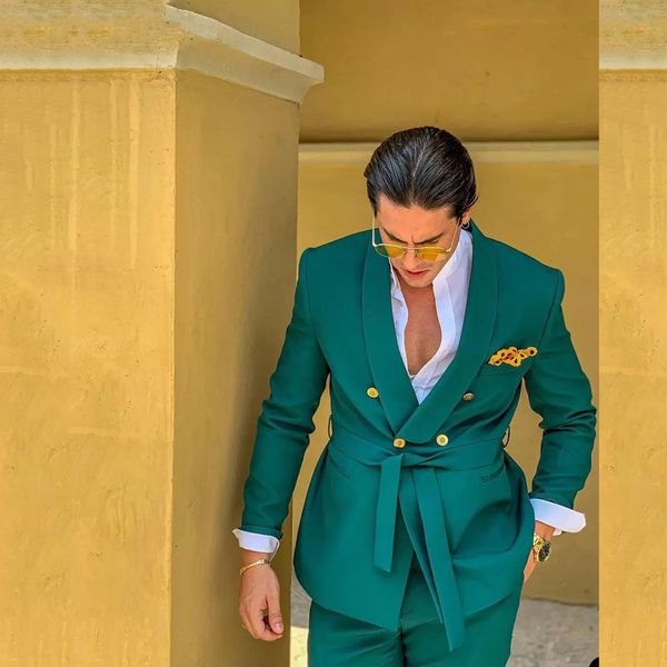 

men's suits blazers design green male for wedding with belt 2 pieces double breasted formal groom travel wear jacketpants costume homme, White;black
