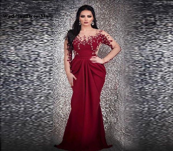 

long sleeves mermaid burgundy evening dress arabic kaftan dubai formal glitter beading party gown robe de bal longue5925499, Black;red