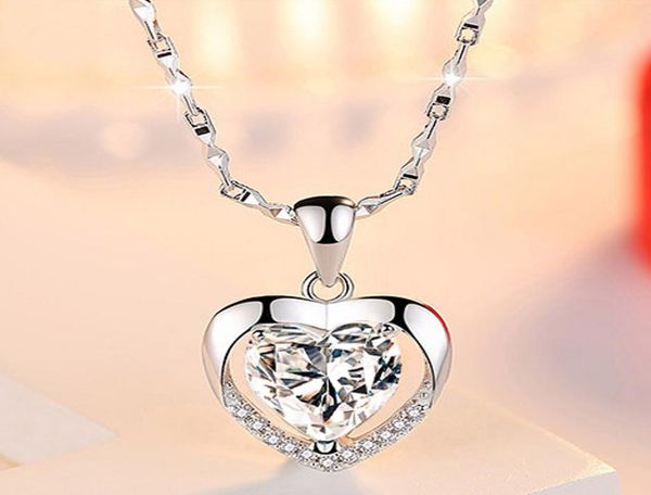 

luxury crystal heart love pendant necklaces women blue white cz gemstone charm silver plated chain for ladies fashion jewelry gift4851764