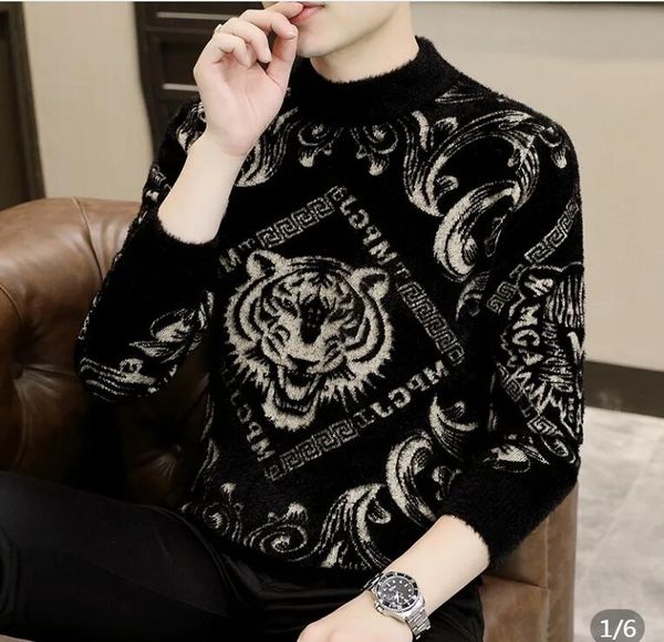 

mens designer sweater men's half high neck sweater autumn and winter jacquard thickened mink fleece underlay fashion slim fit sweater, White;black