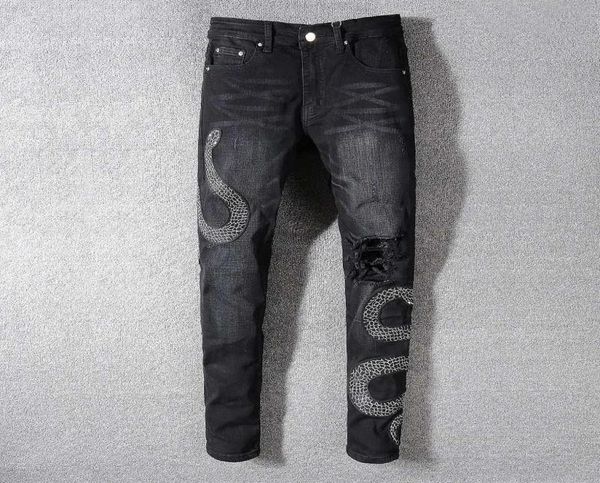 

mens distressed ripped biker jeans slim fit motorcycle biker denim for men fashion designer hip hop mens jeans 526232, Blue