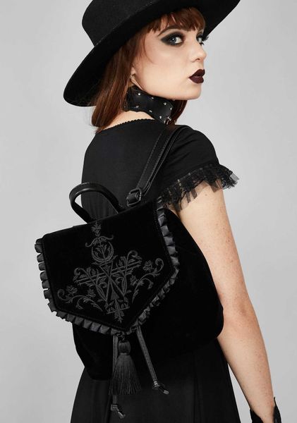 

backpack dark harajuku witch gothic magic embroidery black velvet backpack punk rock style women s trend 230708