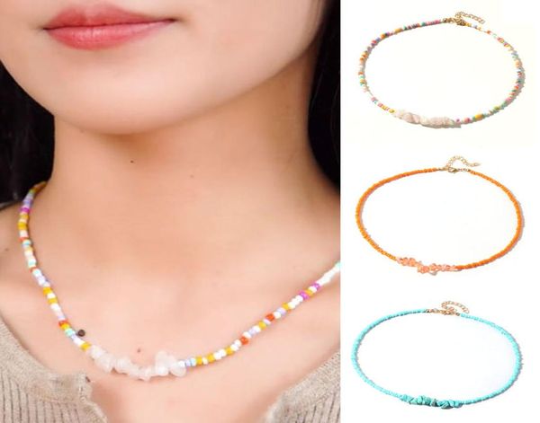 

colorful seed beads chocker boho rainbow bead necklace natural gemstone turquoise amethyst raw stone necklaces summer beach travel4397820, Silver