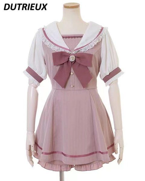 

pants rojita japanese sailor collar long sleeve dress for women spring summer sweet lolita bow dress shorts suit women's twopiece set, White