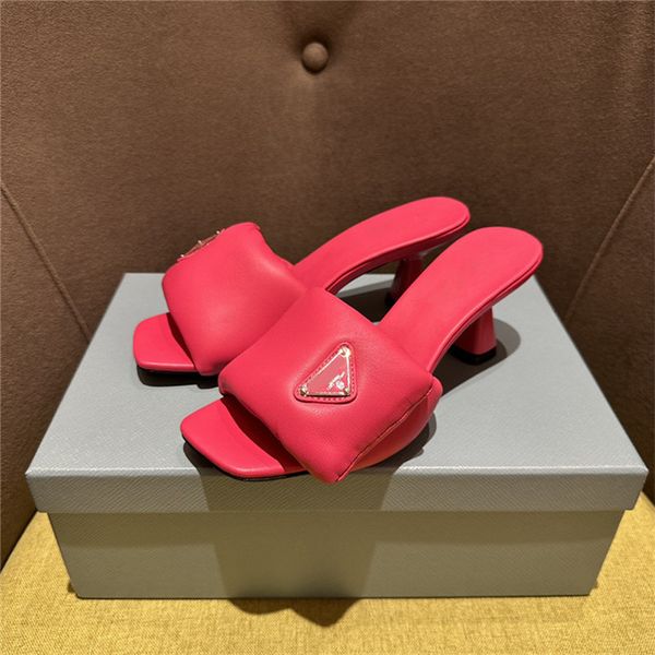 

designer luxury soft quilted women solid pink quilted leather outsole slide sandals shoes with box heel 6.5cm, Black