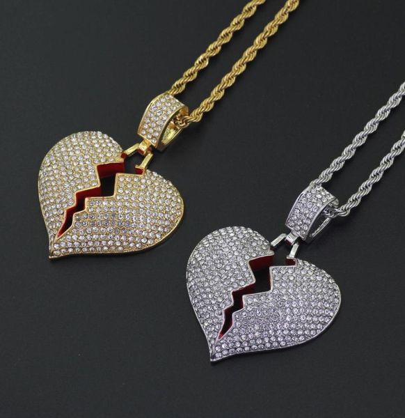 

new broken heart pendant necklace hip hop necklaces fully iced out bling rhinestone women men jewelry with 24quot c7651256, Silver