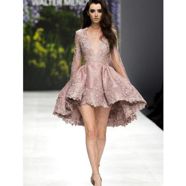 

modern high low pink prom dresses long sleeves lace appliqued short a line special occasion party evening dress for women girls deep v-neck, Black