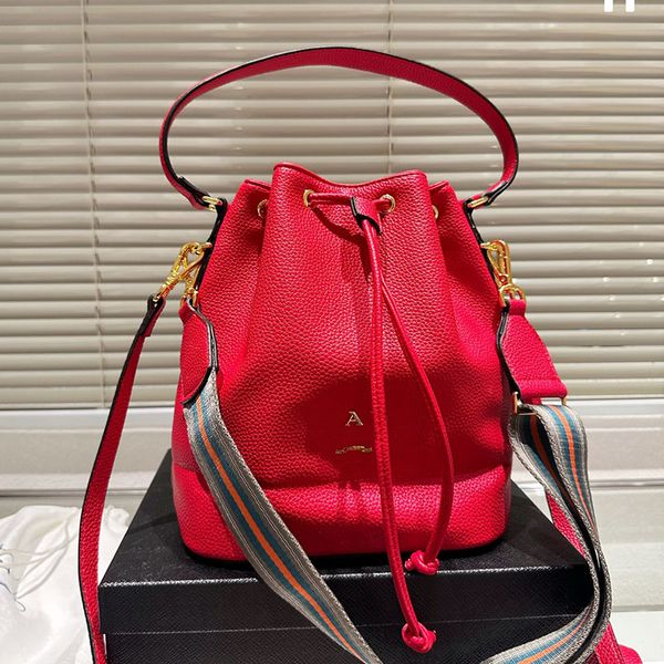 

3 colors drawstring women designer bucket bag real leather gold letters metal hardware adjustable stripe nylon strap crossbody shoulder stri