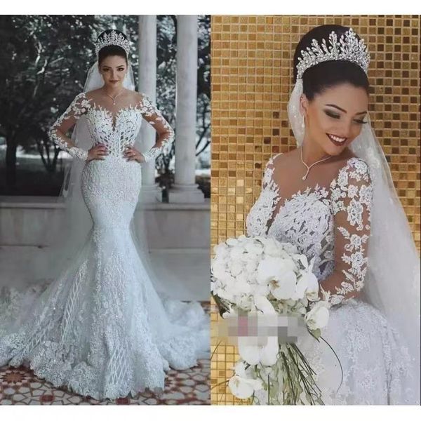 

white mermaid wedding dresses appliques beads long sleeve sweep train bridal gowns plus size wedding party dress
