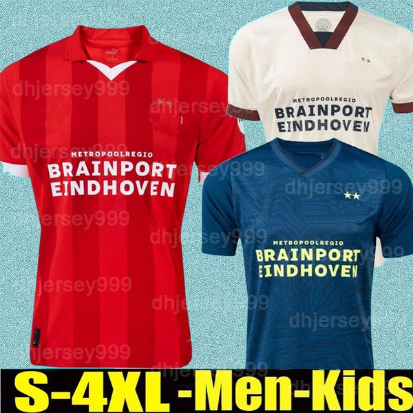 

pepi 2023 2024 eindhoven home red soccer jerseys psvs 23/24 hazard fabio silva away third blue football shirts men kids kit sets uniform, Black;yellow