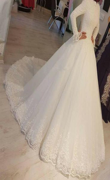

muslim princess wedding dresses high neck long sleeve lace appliques bridal gown1338288, White