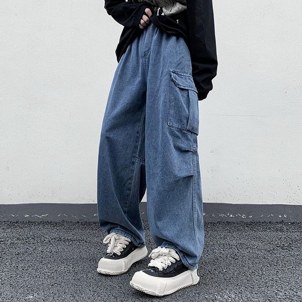 

men s jeans pockets men s autumn high street drawstring casual male staight wide leg wasit denim trousers 2023 230707, Blue