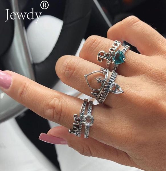 

6 pcsset bohemian crown heart star love knuckle rings set for women white green crystal midi finger ring statement jewelry 20193478562, Silver