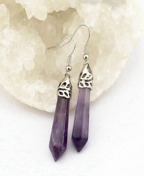 

natural stone hexagonal column dangle reiki earrings metal hollow hook type stylish gemstone women earring amethyst rose quartz re4115861, Silver