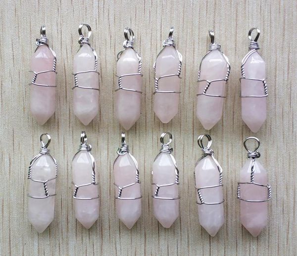 

silver color wire wrapped rose quartz hexagon pendulum chakra charms pendant healing pink crystal stone hangings fashion jewelry m4765818, Bronze;silver