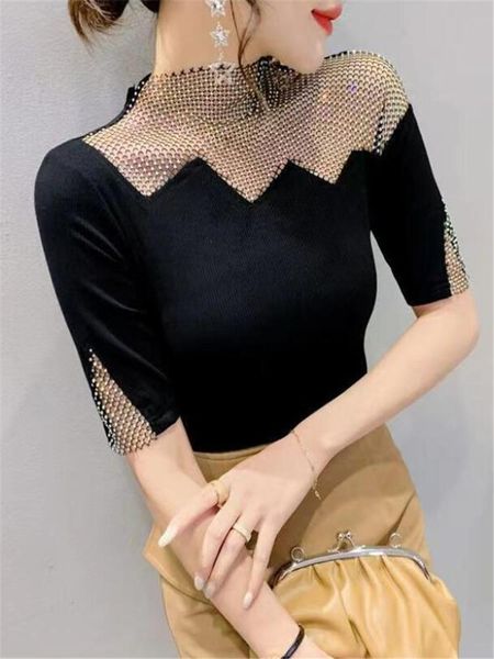 

t-shirt drill hollow shortsleeve tshirt for women chic pullover basic bottoming summer female clothes shiny diamond woman tshirts, White