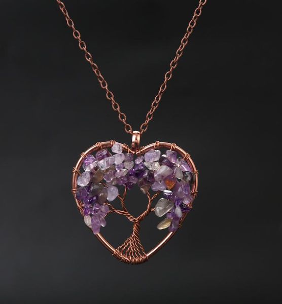 

amethyst link chain necklace 7 chakra tree of life heart shape pendant necklace natural stone crystal aventurine turquoise charm j6877234, Silver