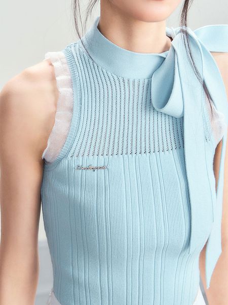 

women's tanks camis women sweet solid color sleeveless tanks knit summer bow lace up crop crewneck knitwear vest y2k female 230707, White