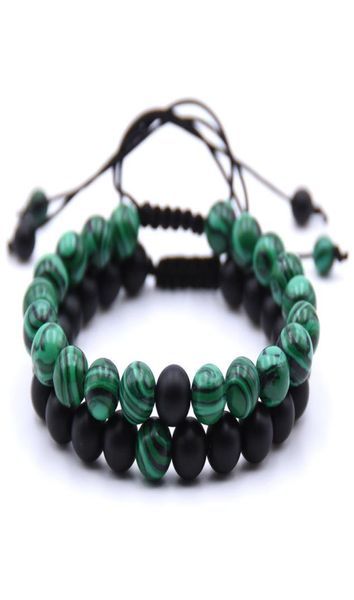 

two pieces set 8mm malachite natural stone beads bracelets weave charm couple strands bracelet for men and women jewellery1488707, Black