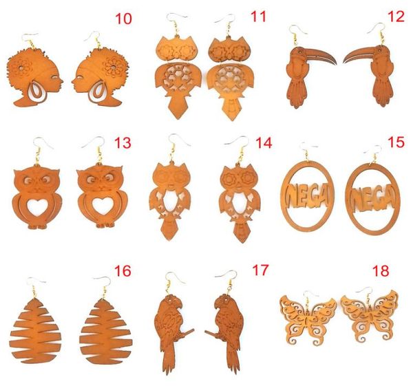 

18 styles afro wooden earring owl butterfly animal leaves cross charms earrings wood raw material color jewelry whole6701453, Golden