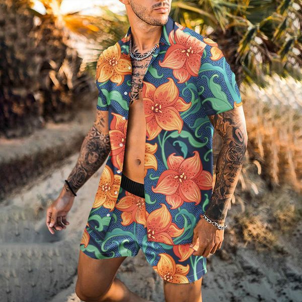 

casual fashion tracksuits men summer hawaiian shorts set tropical print streetwear clothes men's outfits two piece set outfit 2 piece s, Gray