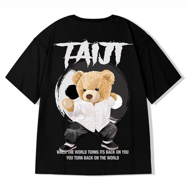 

men's tracksuits taiji bear print t shirt summer 100 cotton round neck short sleeve hip hop streetwear gothic harajuku oversized for me, Gray