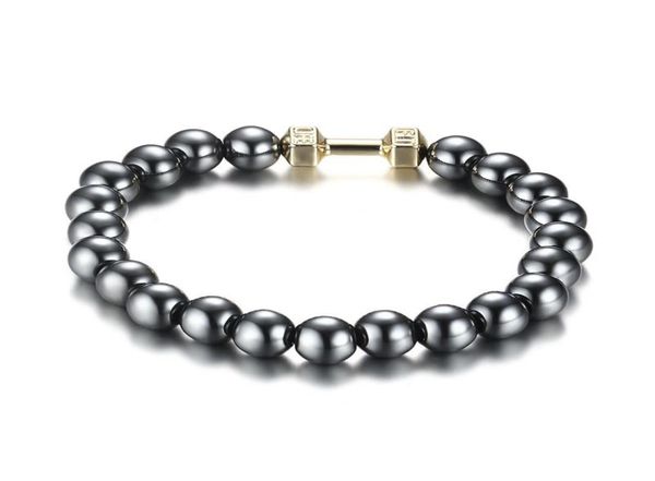 

men039s power dumbbell jewellry 8mm no magnetic hematite beads with alloy metal fitness barbell charm bracelets4969364, Black