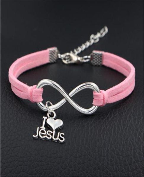 

new fashion women men jewelry retro diy infinity i love jesus heart friendship rock style pink leather rope bracelet bangles adjus1858867, Golden;silver