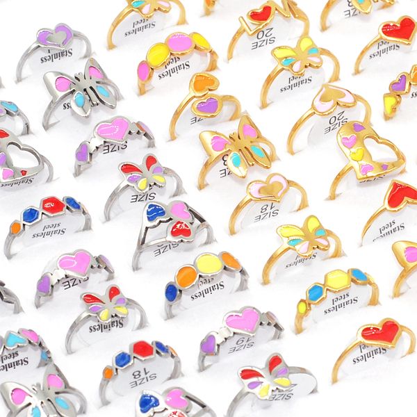 

wholesale 20/30pcs colorful painting cute women rings fashion stainless steel mix design butterfly heart lovers wedding party fingers charms, Slivery;golden
